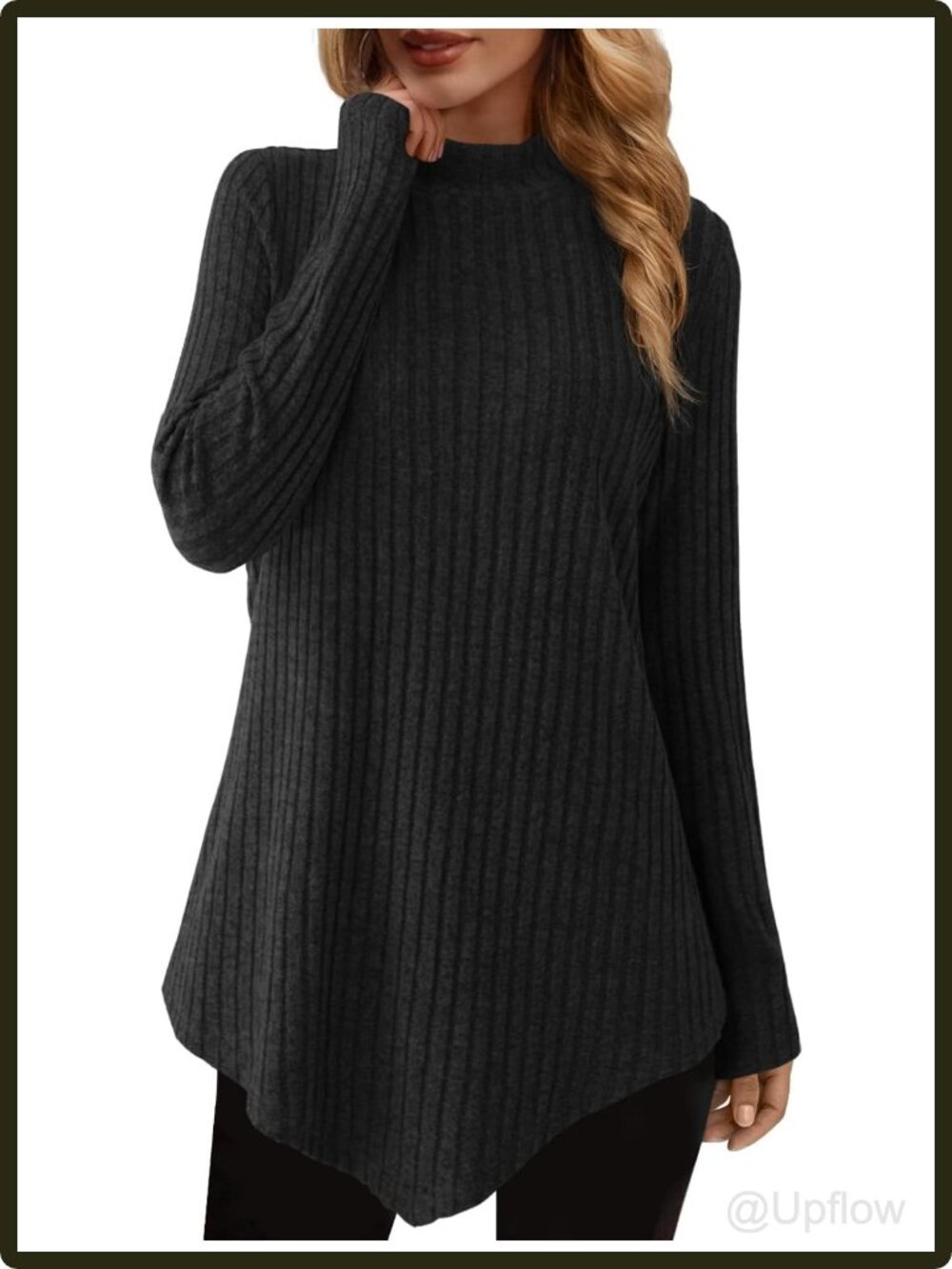 Women's Ribbed Knit Turtleneck Tunic Top Long Sleeve Asymmetrical Hem Fall